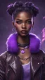 Placeholder: arcane tv show style, league of legends, solo, 1girl, attractive teenager, african, dark skin, dark-brown eyes, black hair, pair buns, (violet strand in forehead bang), necklace, earrings, modern makeup, (detailed skin texture), old leather jacket with violet fur collar, oversized torn t-shirt with half-erased unknown music group logo, You can see through the holes in the t-shirt her acid-green top, dark background, bokeh, cinematic atmosphere