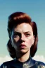 Placeholder: retro portrait image from 1960, sky background, wind, long red hair, fighting stance, sweet young Scarlett Johansson, black dress, classic long tight lycra black suit, gold bracelet and belt, high heel boots, superhero style, soft color, highly detailed, unreal engine 5, ray tracing, RTX, lumen lighting, ultra detail, volumetric lighting, 3d, finely drawn, high definition, high resolution.