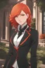 Placeholder: Woman with red-orange hair, vivid orange eyes, wearing a black and red fancy suit, mansion background, RWBY animation style
