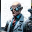 Placeholder: CGI gritty superhero movie still, fantastical Portrait of a smug super-villain in a lab-coat, extended bulbous frontal lobe bald head with a several different sized futuristic tech devices implanted randomly in his oblong head, super-villain, surreal, Marvel aesthetic, background is a mad-scientist's lab with formulae scrawled on a giant white-board