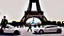 Placeholder: A Tesla's 'Model S Plaid' is parked, at the Eiffel Tower, in Paris. CINEMATIC. WIDE ANGLE LENS.