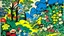 Placeholder: An illustration by Matisse and Kuniyoshi of a landscape of blooming flowers and lush vegetation.