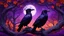 Placeholder: raven in tree, twisted curling trees, red orange foliage growing in purple colored forest, red orange, full moon, trees, flowers, fairy lights, night, 8k, high quality, trending art, trending on artstation, sharp focus, studio photo, intricate details, highly detailed, by tim burton