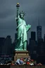 Placeholder: the statue of liberty, dress tattered an torn, her face solemn and terse, trash littered at her feet, the skyline dark and grungy