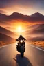Placeholder: one motorbike rider ,cruising down an open road, adverture motorbike, vibrant a sunset casting a stunning backdrop, with elements of speed , adventure , distant mountains