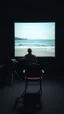 Placeholder: An old movie projector in side an empty dark room with an empty chair facing the screen, in the screen is picture of an old man sitting by the beach
