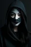 Placeholder: woman with a anoynmous mask on her face, mask is covering the whole face, woman is dressed like anonymous