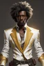 Placeholder: Shaggy haired, black skinned rogue in a country western style white and gold suit