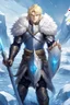 Placeholder: 1 anime man. warrior, with blue eyes and blonde hair man in silver Viking armor with fur around the neck with blue crystal on his chest, standing in water in the artic, holding a ice sword and shield, warrior in, anime style