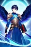 Placeholder: a person in runic armor with blue wings, blue short hair, runic tattoo and spell book, male