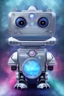 Placeholder: hedjuk, family metal robot,friendly, two small eyes,child robot ,funny, cosmic sky,friendly, renderin,great stars bleu sky, room, cosmic, opalescent, 100mm, opalescent, gemstones, crystals, object, other worldly,water, cristal rock ,bright, ice background, snow on the ground,shooting star, in its uflying saucer