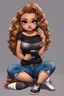 Placeholder: Create a pop punk image of a black chibi curvy female sitting on the floor looking at her cell phone. She is wearing tight blue jeans and a black off the shoulder blouse. Prominent make up with lush lashes. Highly detailed wavy ombre blonde and brown long hair. She is also wearing silver large hoop earrings