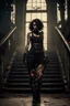 Placeholder: scarred cyberpunk vampire girl with tribal tattoos short curly dark cyberpunk hair descending the staircase in decaying gothic mansion with machine gun in hand at dawn