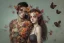 Placeholder: portrait of a couple, girl 1 dressed as life (flowers, butterflies, leaves), girl 2 dressed as death (skeletons, wilted flowers, upside down bird), resting heads against each other, beautiful, ethereal, 8k resolution, dynamic lighting