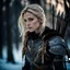 Placeholder: portrait of a 20 year old blonde female warrior wearing leather half armour and carrying a bow, dark fantasy, snowy landscape