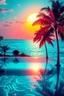Placeholder: Luxury Tropical House album cover, award-winning music artwork, crystal-clear turquoise ocean merging into an endless horizon beneath a radiant golden sunset. Exotic palm trees illuminated by soft neon cyan and coral lights sway in the warm breeze. Glowing particles drift through the air like fragments of melody, creating a magical atmosphere. Elegant reflections dance across the water surface, while subtle geometric patterns inspired by electronic music production are integrated into the enviro