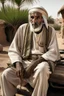 Placeholder: Old man, Arab, turban, white clothes, cattle, desert, council, sun, palm trees, mud houses, holding a stick, looking forward, a very slight smile.,Sitting on a chair,long beard