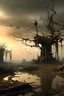 Placeholder: paisaje de una isla, postapocaliptica, con arboles secos, donde habitan arañas gigantes