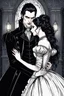 Placeholder: A hauntingly beautiful and detailed illustration of an attractive vampire man in a Victorian-style dark garb, with pale skin, long black hair, snarling, his sharp canines flash want biting the neck of a beauty young woman. the woman faint melancholy smile on his face, his eyes closed.The background is a dimly lit gothic room, with the light of a full moon pouring through a large window, creating a chilling cinematic, horror atmosphere. The intricate details and sharp focus make this a masterpiec