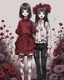 Placeholder: illustration in two gradually, a one side girl with ragged clothes and other side Girl mount a small flower, fullbody,Junji Ito style, darkred tones,high detailed, 4k resolution, digital paiting, cute, art,