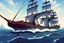 Placeholder: nautical environment, stormy sea, classic style concept, medieval wooden battle ship boat, retro design study, toned colors