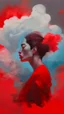 Placeholder: Painterly. Abstract. A girl face side view . A willowy androgynous human figure stands clothed in red silk raiments. Anomalous red cloud issuing forth from the heart. Simple yet majestic