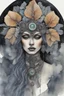 Placeholder: Aquarelle vantblack pouring Acrylic A beautiful ancient shamanism watercolour woman angelic Beauty extremely textured botanical faced portrait with a voidcore fil gothica headdress with metallic filigree gothica ornaments around ribbed with agate stones half face mand azurit and onix mineral stone metallic watercolour palimpsest steampunk filigree silver voidcore shamanism foral pansy margaréta daisy black ink on half face masque gothica filigree voidcore athmospheric organic bio spinal