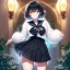 Placeholder: Clear focus, High resolution, fluffy black short hair, dark green eyes, wearing a black sailor uniform and pleated black skirt, fluffy hair, detailed outfit