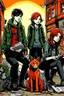 Placeholder: Act like a book cover designer. Use graffiti style. Three teenagers (13-15 years old) - two redhead boys and a brown-haired girl with a grimy black cat. Environment: old town.