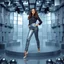 Placeholder: make a picture pretty stage made of metallic blue-gray teme 3d fractal recursive cubic and sphere base structures and a beautiful fashion model lady posing with cute,with chic look well-fitted trousers with a sleek tight shirt,siver high heels ,makeup curvy long hair,dynamic camera zoom to full body and pan, dynamic lights.