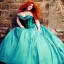 Placeholder: Picture of a princess with long auburn hair in a big teal green and gold satin ballgown corset off shoulder top dancing in a castle