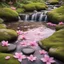 Placeholder: Round pond with lots of water, moss-covered stones all around and the water has a delicate pink shimmer, a few delicate pink flowers on the stones and a small waterfall