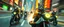 Placeholder: arch rocket ship scooter coated cat captain in high speed pursuit among neon rat cyber soldiers, with background motion blur