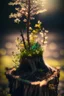 Placeholder: black westphalia stump with a bokeh frame of wild flowers and green leaves (((scale model photography))) westphalia in double exposure ((((low iso, double exposure, )) in sunshine