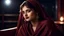 Placeholder: Hyper Realistic Photographic-close-view of Young Beautiful Pashto Girl with-beautiful-eyes-&-lips in a Maroon-dress-&-black-shawl & giving bold expressions-with-little-smile sitting on a rocking-chair with beautiful moonlight-rays-on-her-face at night inside a dark lounge showing dramatic & cinematic ambiance.