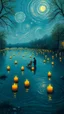 Placeholder: Candles floating on the water of a river , in the style of vincent van Gogh, without people and animals only a couple lovers with a dog