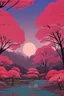 Placeholder: a land scape of Japanese garden, big red moon, red light, black sky, starlight night , surrounded by cherry blossom trees, cel shading