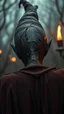 Placeholder: Busch painting style nightmare, a zoomed rear view of a witch by his face skin is a rusted broken metallic skin texture in a 3d rendering full-height image of a grim and dark scene. Ensure the final images exhibit the utmost quality, encompassing 4K, 8K, and 64K resolutions, with 3D rendering that manifests in photorealistic, hyperrealistic, and highly detailed representations. Employ techniques such as HDR, UHD,