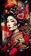 Placeholder: Meticulous double exposure illustration of a beautiful Geisha, hand-rendered in high-quality liquid pen and ink, adorned in a stunning palette of triadic colors. Nestled within a vintage and flat 2D space, the art is given depth by a complex background that dances with mystic allure, masterfully captured in the styles of Craola, Dan Mumford, and Andy Kehoe. Bearing the marks of a well-loved storybook, the artwork is splashed onto