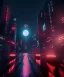 Placeholder: circular white moon, 3D, beautiful, light reflecting, empty city, midnight, rainy night, neon, cyberpunk,