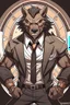 Placeholder: Buff, anthro, wolf, himbo, black fur, gold eyes, wearing a suit, full-body, muscles, strong, muscular, man boobs, bulky, tail, dark fur, smug grin, hands on hips,