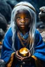 Placeholder: Little 6-year-old sorceress girl, black skin, blue eyes, long, straight snow-white hair, dressed in an ancient and ancestral blue two-piece sorcerer's garment, overflowing with a mythical golden aura, in a primitive village in the mountains