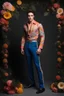 Placeholder: 18-year-old Elvis Presley, full body portrait, 6'5". 220lbs, extremely muscular,18-year-old Elvis Presley has great big giant muscles, blue eyes, skintight, formfitting high-collared jumpsuit with floral designs, smirking, pitch black background, multicolored spotlight, Photorealistic, realistic stock photo, Professional quality Photograph. Fog, Clouds, mist.