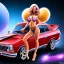 Placeholder: huge breast hairy alien woman on toy car