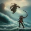 Placeholder: an ibis warrior in orange and green full battle armor, background of giant crashing ocean waves, a highly detailed illustration, realistic render, 8 k, micro detail, intricate, elegant, centered, digital painting, smooth, sharp focus, illustration, artgerm, tomasz alen kopera, peter mohrbacher, donato giancola, joseph christian leyendecker, wlop, boris vallejo