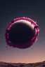 Placeholder: Pink and purple asteroids making a ring around a planet, as seen from the ground below