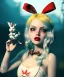 Placeholder: Ultra realistic wonderland photo, hot, happy blonde Alice woman and white rabbit smoking a pipe, blue dress, circus dress style, black headband with bow, old school tattoo, smoke, marijuana garden, glow eyes, perfect iris, soft color, highly detailed, unreal engine 5, ray tracing, RTX, lumen lighting, ultra detail, volumetric lighting, high definition.