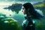 Placeholder: young woman in an android suit with dark hair, standing on the shore of an alien sea. Floating forests with dandelion tops in the distance