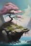 Placeholder: Oil painting of a bonsai tree in bloom growing on a hanging cliff, falling flowers, soft colours,