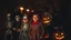 Placeholder: Abstract surreal multiple-exposure Halloween photograph, young children in disguises, fancy dress, scary masks, skeleton, ghost, bats, witch, trick-or-treat, fun, happy, excitement, carved-pumpkin-faces, spooky, night, award-winning photograph